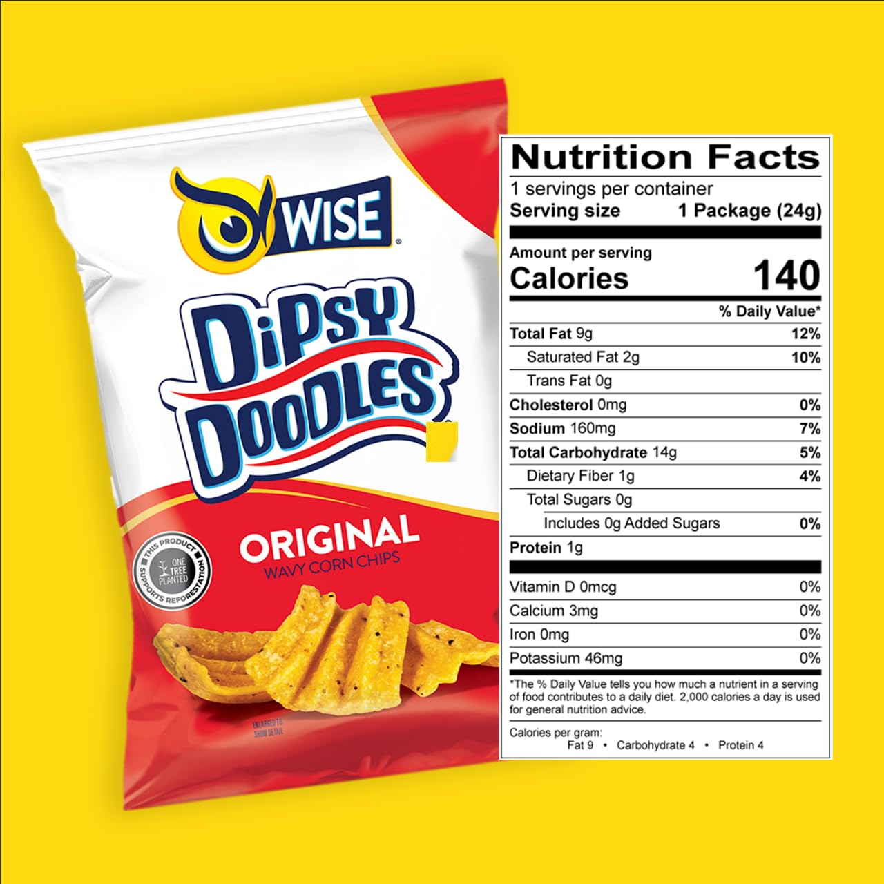 Wise Dipsy Doodles Wavy Corn Chips, Gluten Free, Whole Grain, 1.375 Ounce (36 Count)