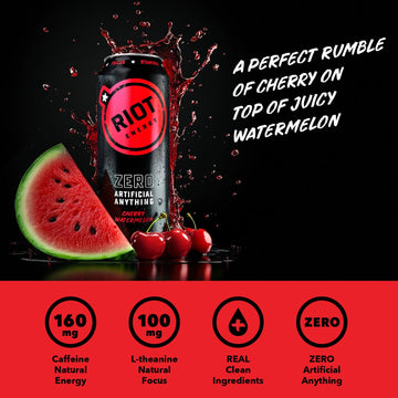 RIOT Clean Energy Drink, Cherry Watermelon, Zero Sugar, Natural Energy, 16 Fl Oz (Pack of 12)
