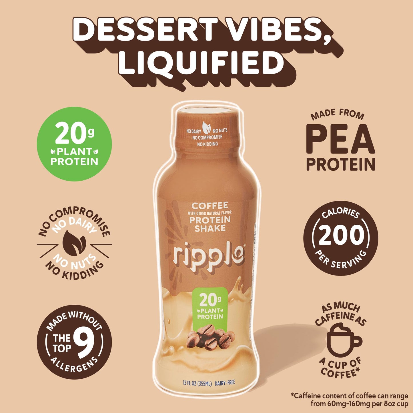 Ripple Vegan Protein Shake, Coffee Flavor, 20g Pea Protein, 12 oz, Pack of 12, Shelf Stable, Non-GMO, Gluten-Free