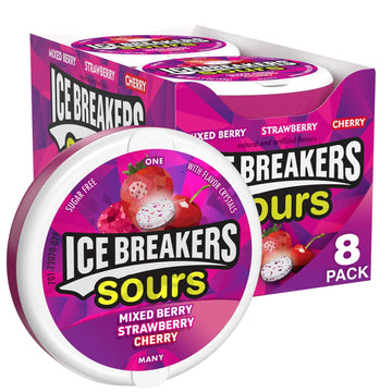 ICE BREAKERS Sours Assorted Fruit Flavored Sugar Free Mints Tins (8 Count) and ICE BREAKERS Duo Fruit Plus Cool Strawberry Sugar