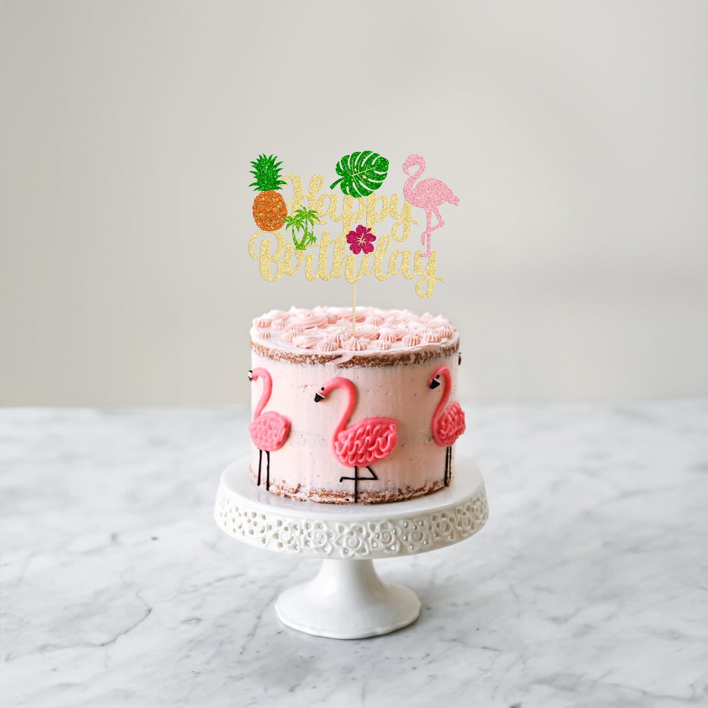 Ephlyn 1Pc Tropical Luau Happy Birthday Cake Topper Glitter Palm Tree Flamingo Pineapple Aloha Cake Pick Decorations For Hawaiia