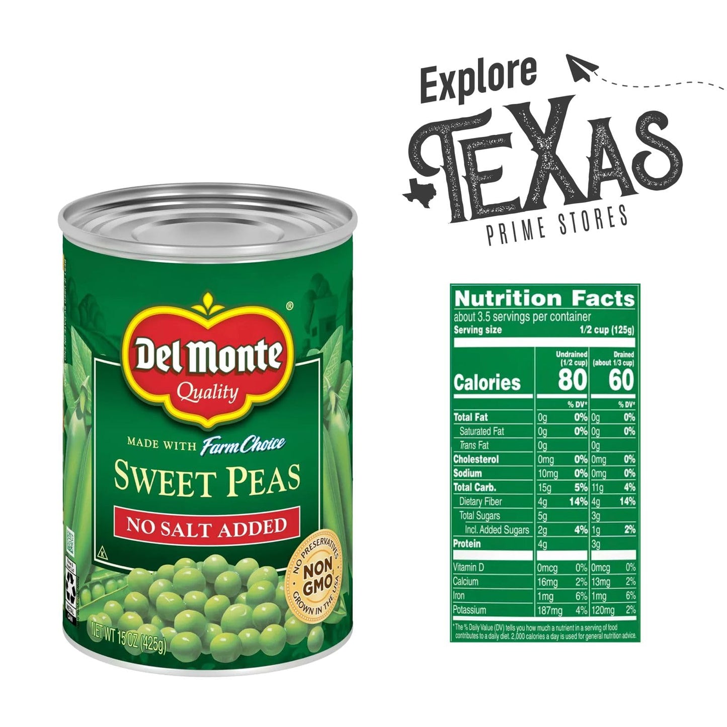 Del Monte - Lavinia Essentials Bundle: 12- Pack Of No Salt Added Sweet Peas Canned Vegetables 14.5 Oz Can + 1 Utility Prop