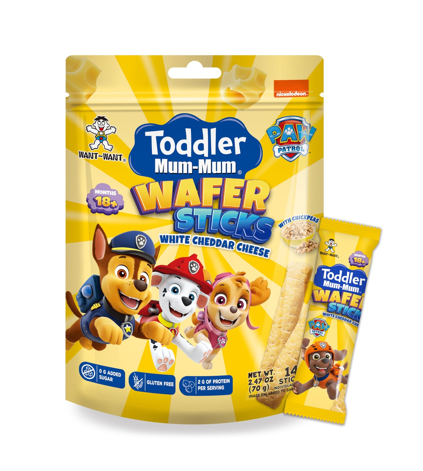 WANT~WANT Toddler Mum-Mum Wafer Sticks, Gluten Free, 2.47 oz, 14 Sticks (Pack of 6),Snack Crackers (White Cheddar Cheese)