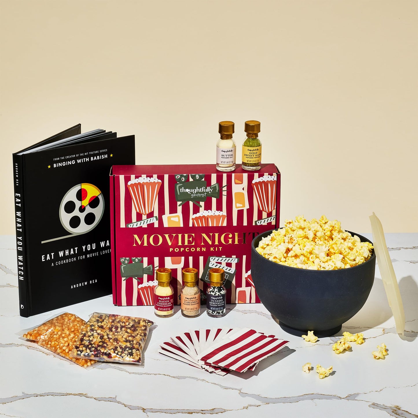 Thoughtfully, Movie Night Popcorn Gift Set with Seasonings, Toppings & Popper - Includes Eat What You Watch Cookbook, Popcorn Ke
