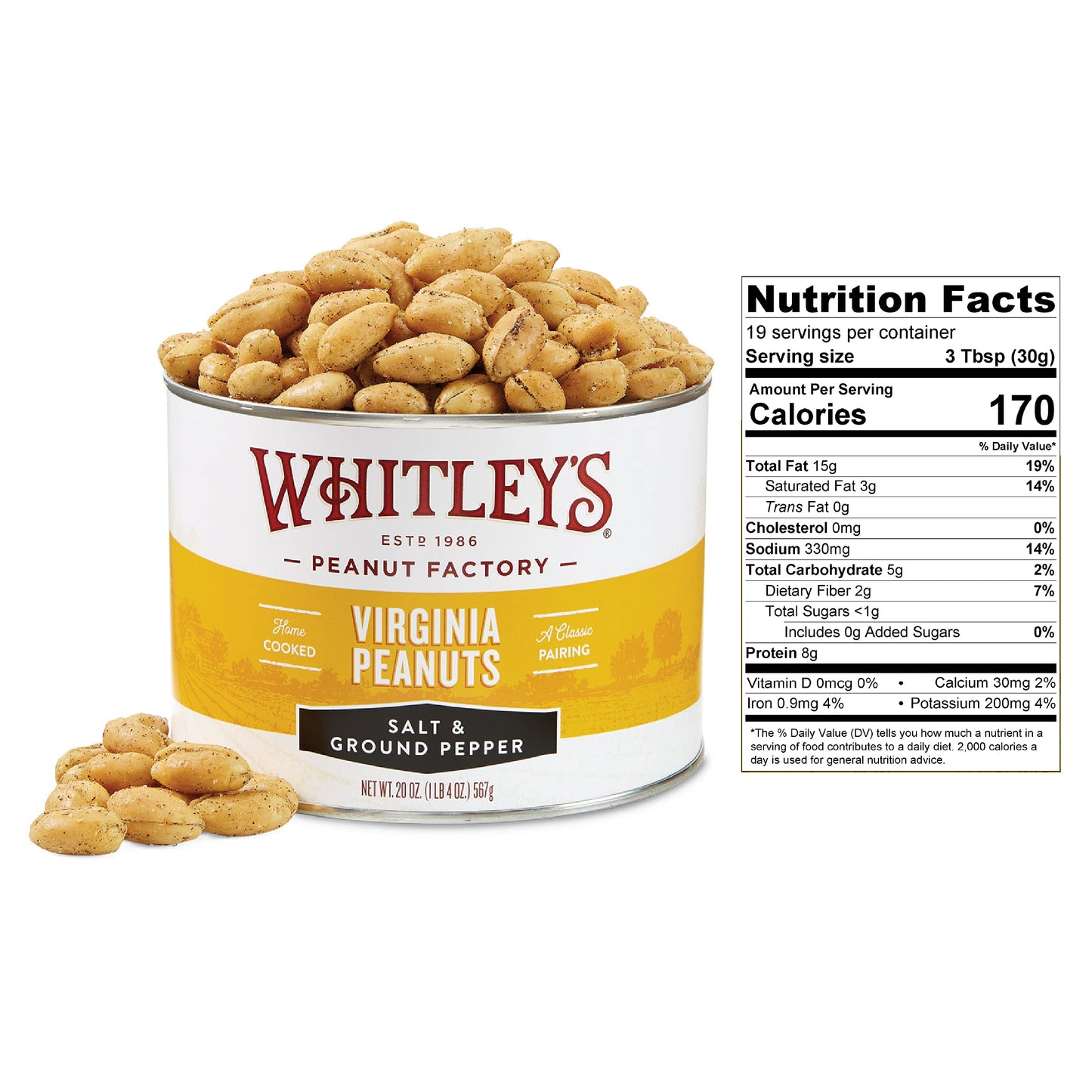 Whitleys Salt & Ground Pepper Virginia Peanuts - Super Extra Large 'Home Cooked' Virginia Peanuts (20 Ounce Tin)