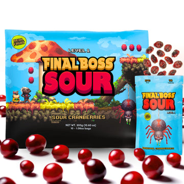 Final Boss Extremely Super Sour Candy, Natural Chewy Cranberry Gummies Made With Dried Fruit, Free Of Artificial Colors, Low Cal