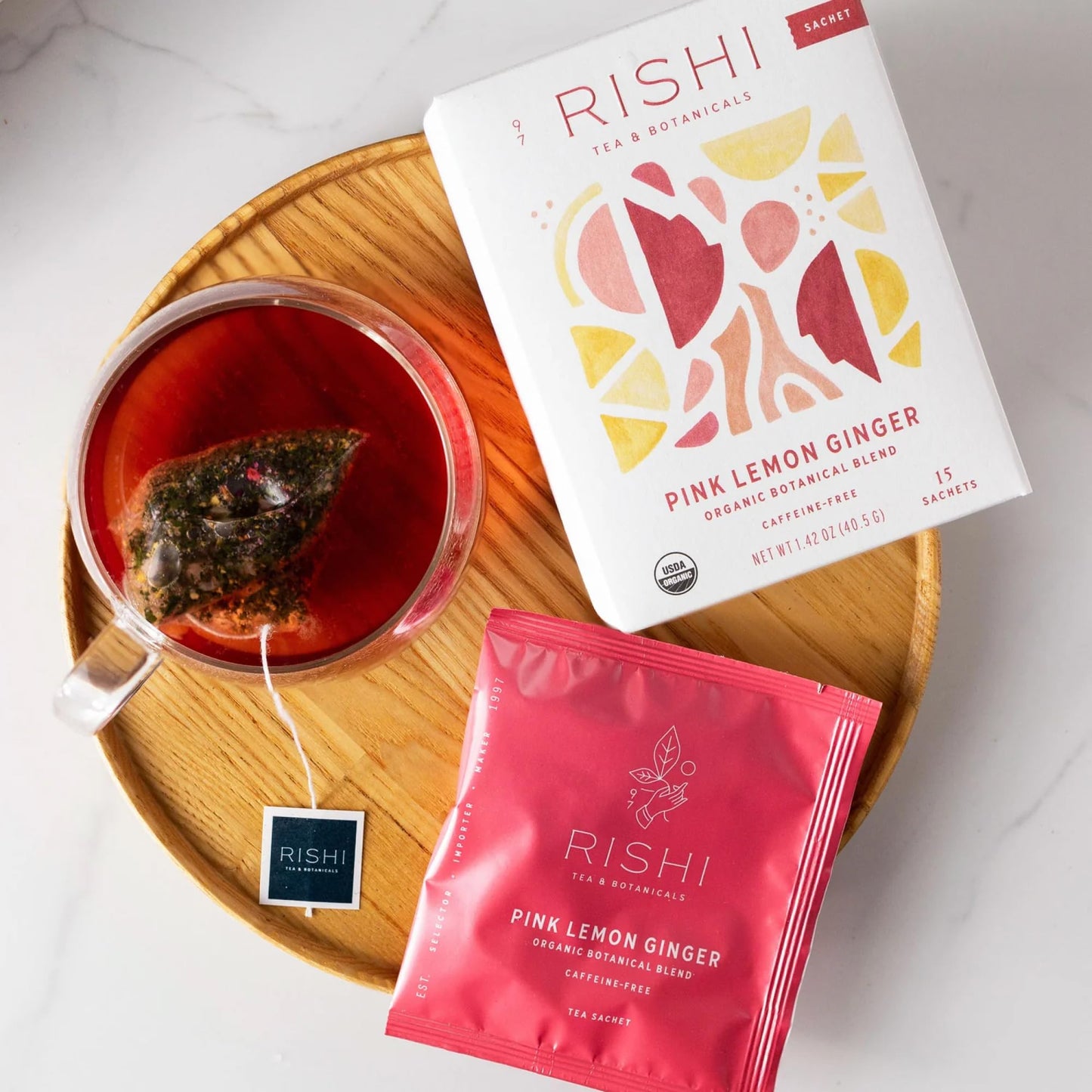 Rishi Tea Pink Lemon Ginger Herbal Tea - Organic Caffeine Free Sachet Bags Tangy & Naturally Sweet Botanical Blend Enjoy Hot Or Iced - 15 Count (Pack Of 1)