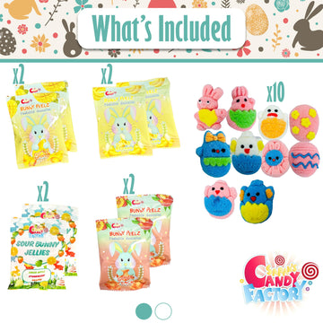 Easter Blue Round Willow Basket (70 Ct) Filled With Treats, Snacks, Candy, Peelable Gummies, Marshmallow Gummies, Bunny And More