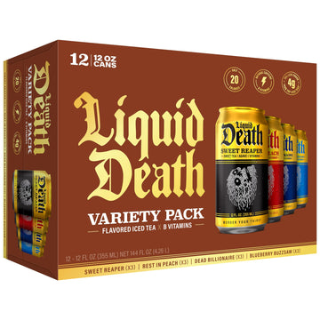 Liquid Death, Dead Billionaire, Rest in Peach, Sweet Reaper, and Blueberry Buzzsaw, Iced Tea Variety Pack, 12-Pack (12 oz Cans),