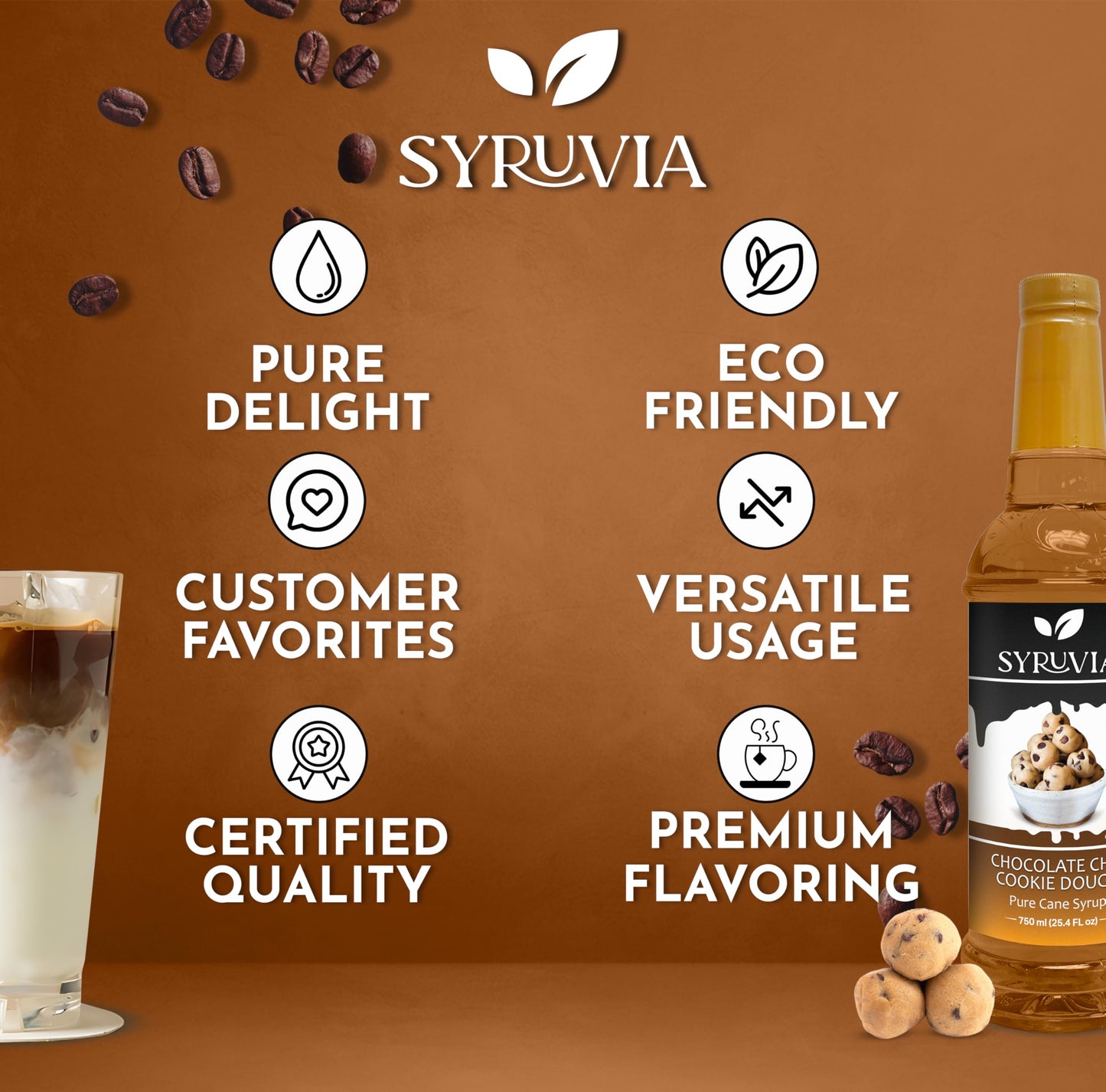 Syruvia Chocolate Chip Cookie Dough Syrup - Chocolate Chip Cookie Dough Coffee Syrup Flavor, 25.4 Fl Oz, Kosher, Gluten Free, Pe
