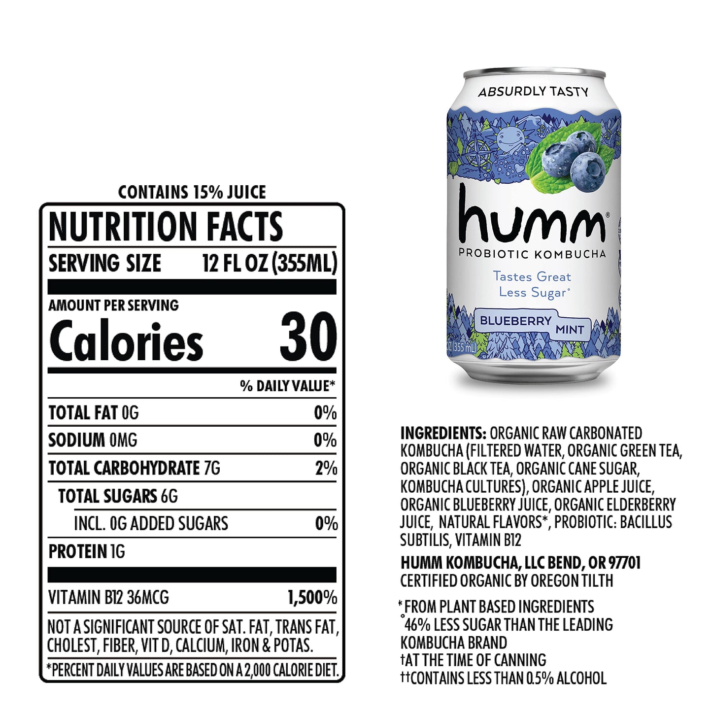 Humm Kombucha Blueberry Mint - Organic, Vegan & Gmo-Free (12 Pack)