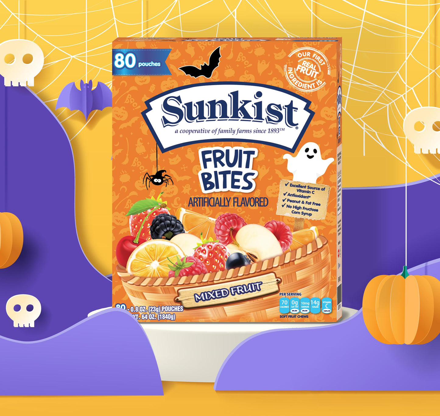 Sunkist Halloween Fruit Snacks Variety Pack - 80 Count (64 oz) Individually Wrapped Candy, Halal, Peanut-Free, Fat-Free Bulk Mix