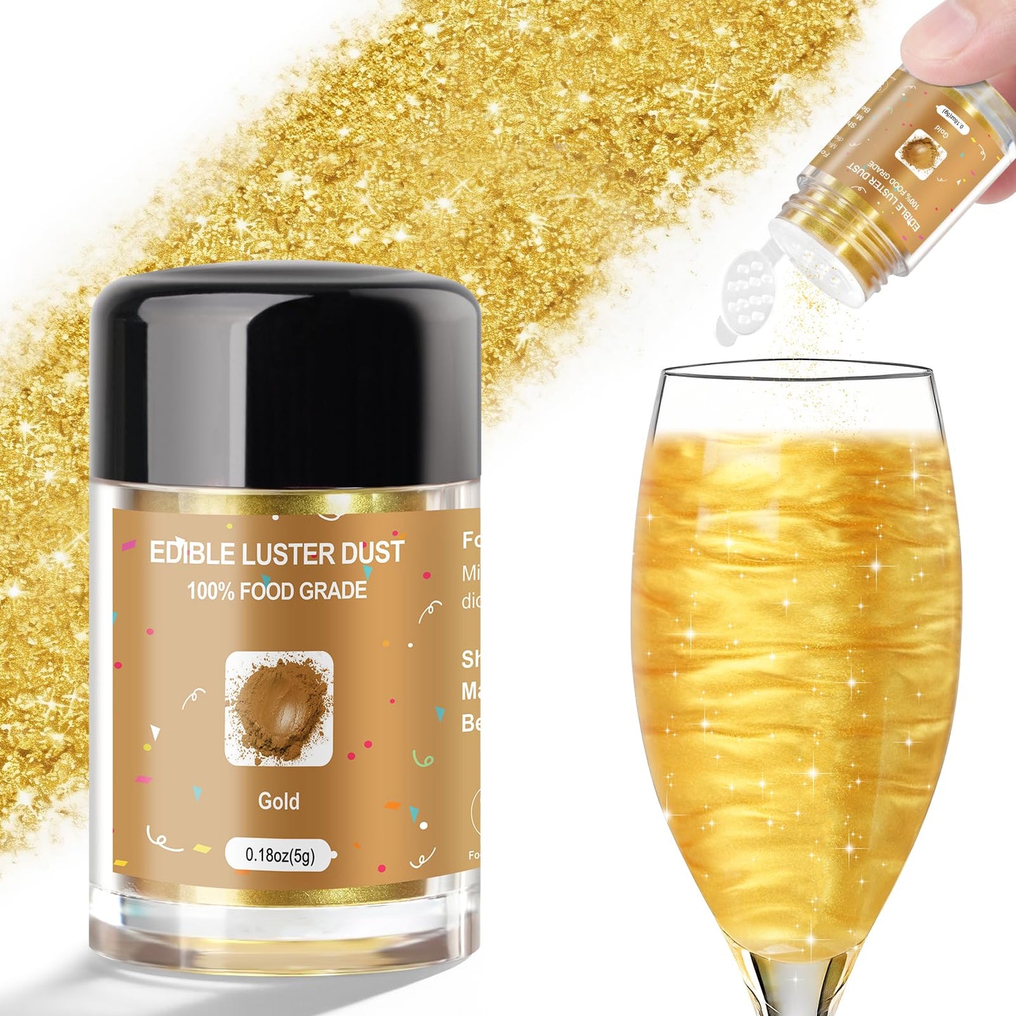 CRPTHE Gold Luster Dust Edible 5g, Edible Glitter for Drinks, Food Grade Glitter Shimmer Sprinkle Powder for Cocktails, Baking,