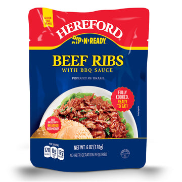 Hereford Beef Ribs with BBQ Sauce | Shelf Stable | Fully Cooked | Ready-to-Eat | Beef Raised with No Added Hormones | 12g of Pro