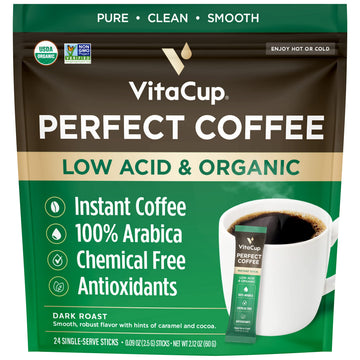 VitaCup Perfect Low Acid Instant Coffee Packets, Dark Roast Coffee, USDA Organic & Fair Trade, Third Party Tested for Mycotoxins