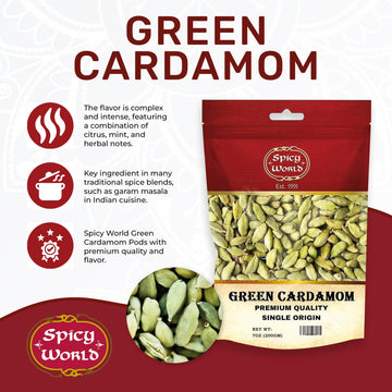 Spicy World Whole Green Cardamom Pods 7 Oz Large Bag (200G) - Natural Spice, Vegan, Large, Aromatic - By Spicy World