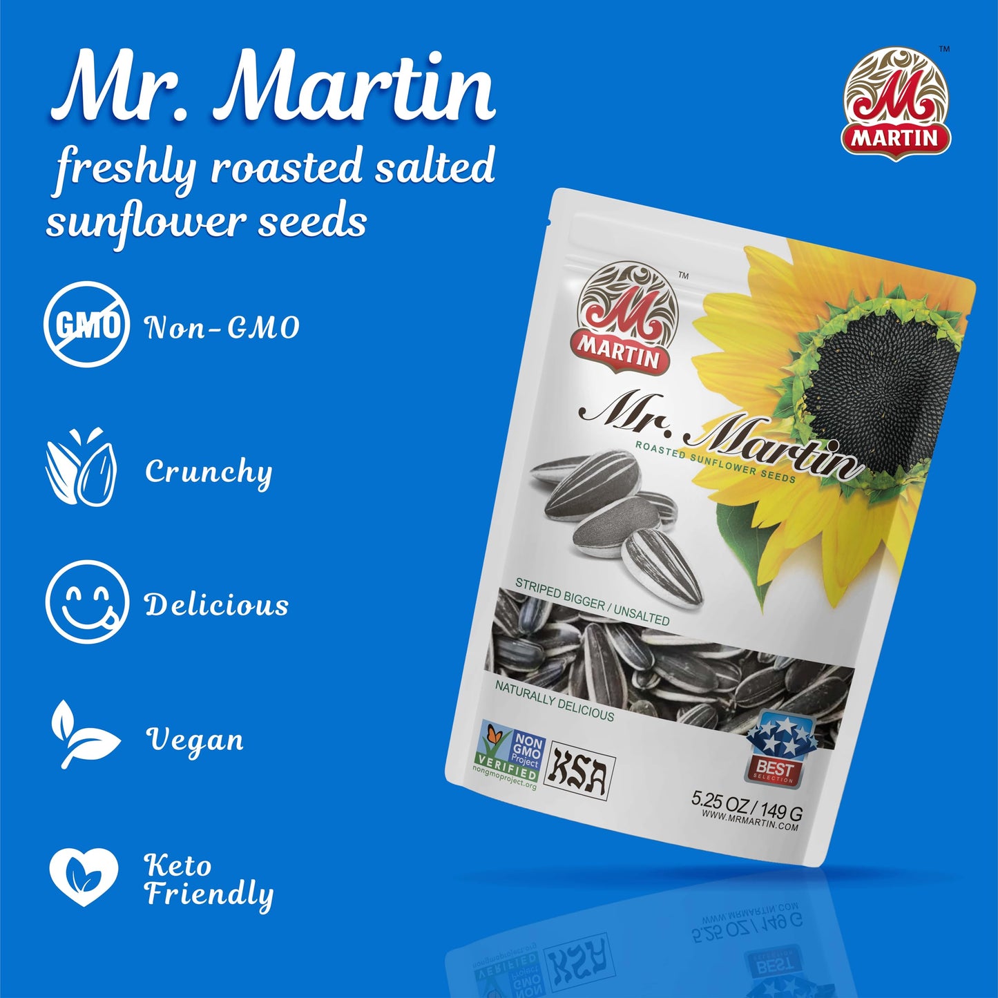 MR. MARTIN Roasted Unsalted Sunflower Seeds – Non-GMO, Vegan, Low Sodium, 5.25 Oz, 12 Pack