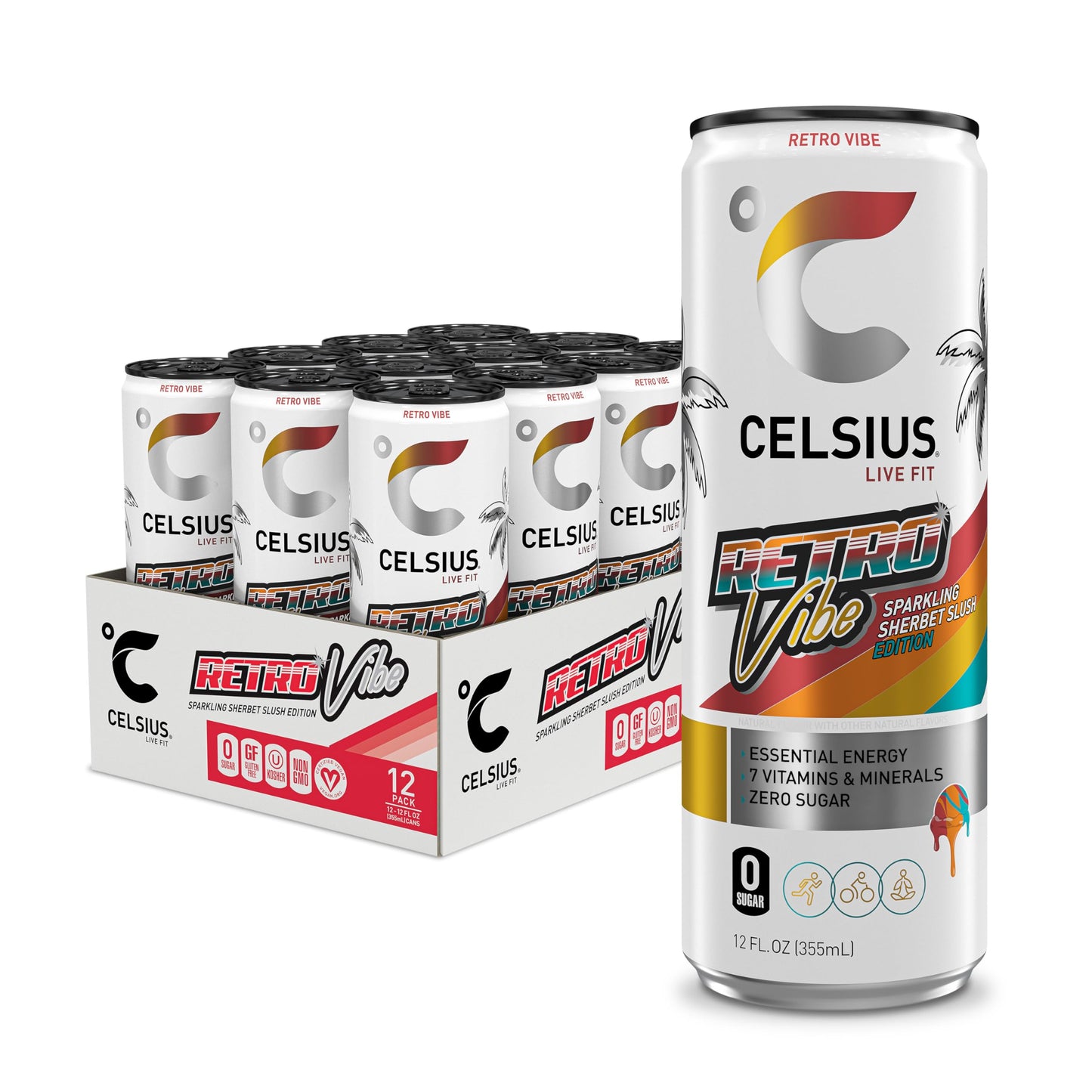 CELSIUS RETRO VIBE™ Sparkling Sherbet Slush Energy Drink, Sugar Free, 12 Fl Oz (Pack of 12)