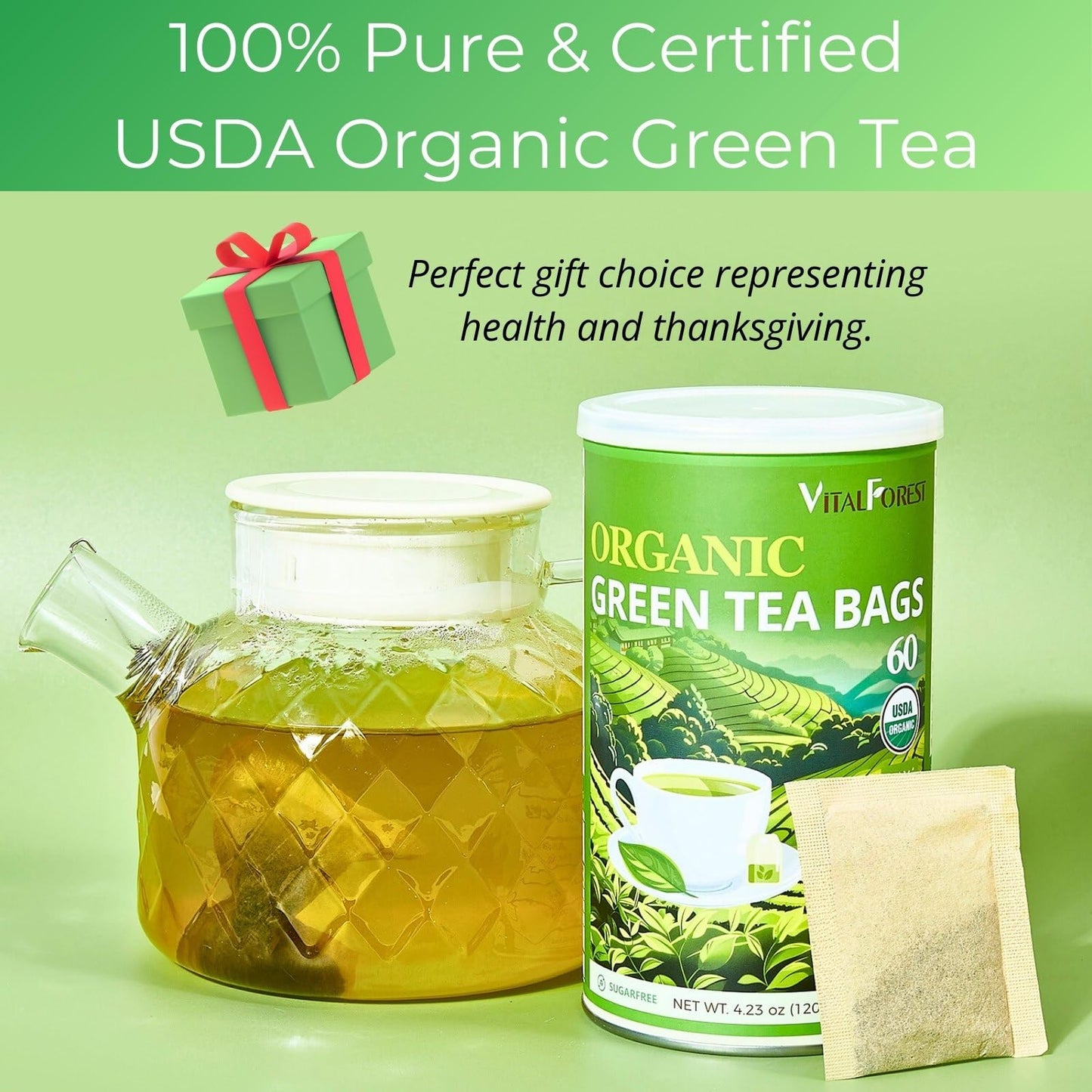 Organic Green Tea Bags| 60 Count Vitalforest Unbleached Eco-Conscious Chinese Green Tea Packets| Te Verde Organico Natural Premi