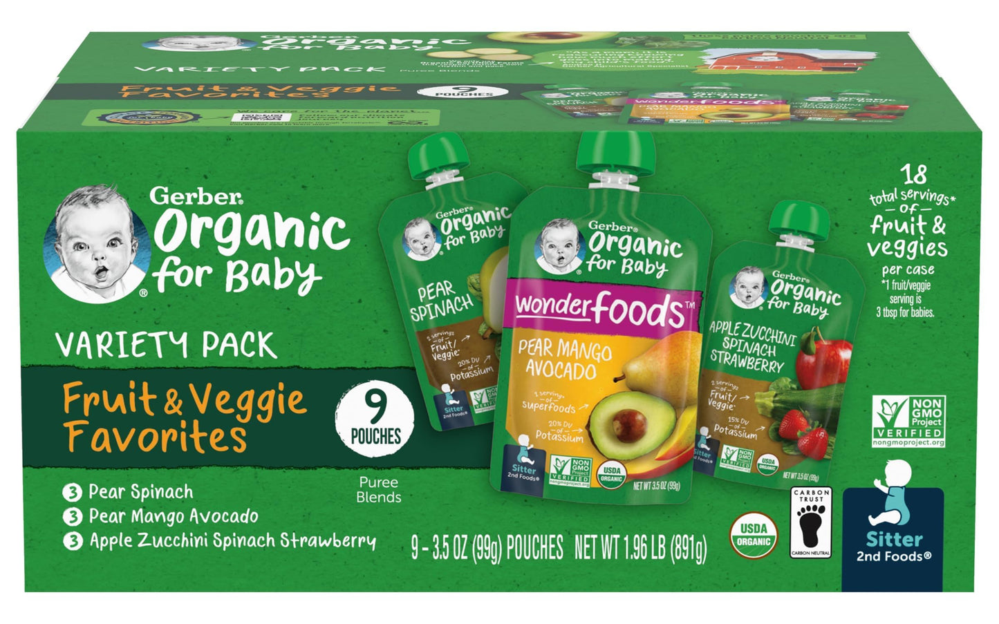 Gerber 2Nd Foods Organic For Baby Puree Blend Pouches Variety Pack, Fruit & Veggie Favorites (Variety)