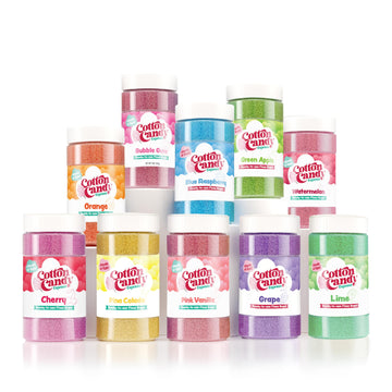 Cotton Candy Express Floss Sugar Variety Pack, 10 - 11Oz Plastic Jars Of Pina Colada, Orange, Bubble Gum, Grape, Watermelon, Gre