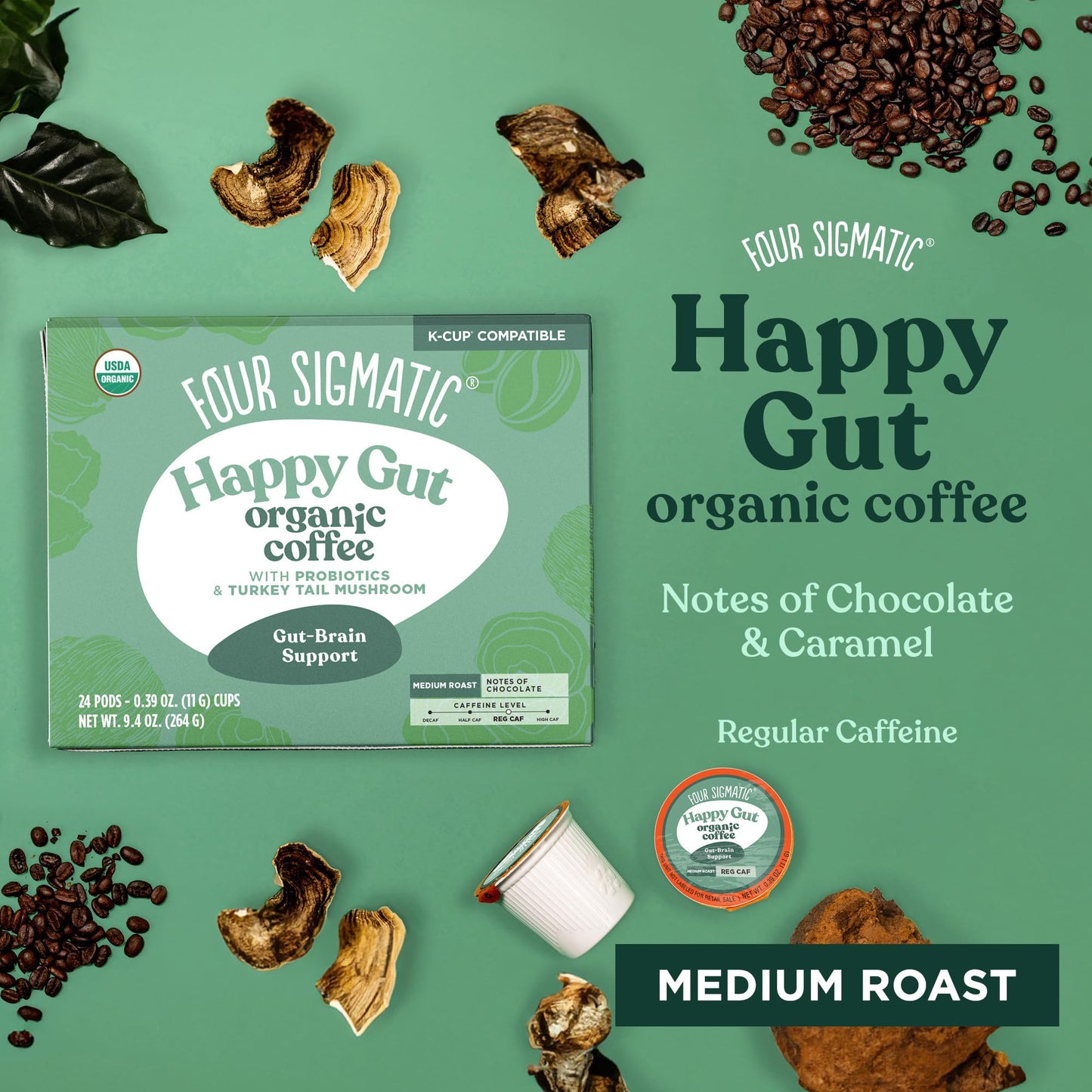 Four Sigmatic Happy Gut Organic Coffee Pods | Medium Roast Probiotic K Cups With Chaga And Turkey Tail | Immune Boosting, Probio