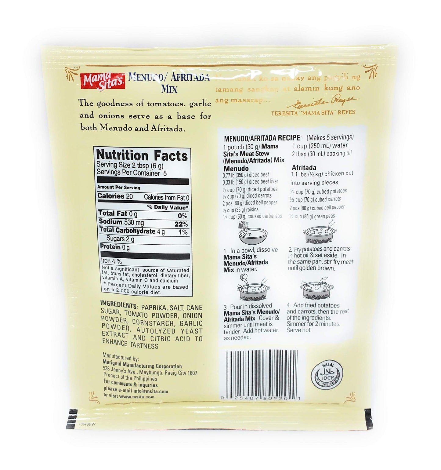 Mama Sita'S Menudo/Afritada Meat Stew Mix, Five(5) Pack, 1.06 Oz(30G)