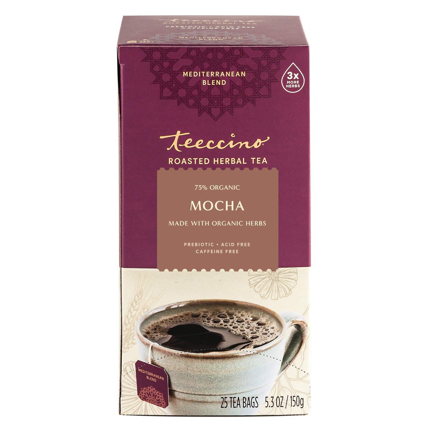 Teeccino Mocha Herbal Tea - Caffeine Free & Prebiotic - 75 Count (Pack of 3)