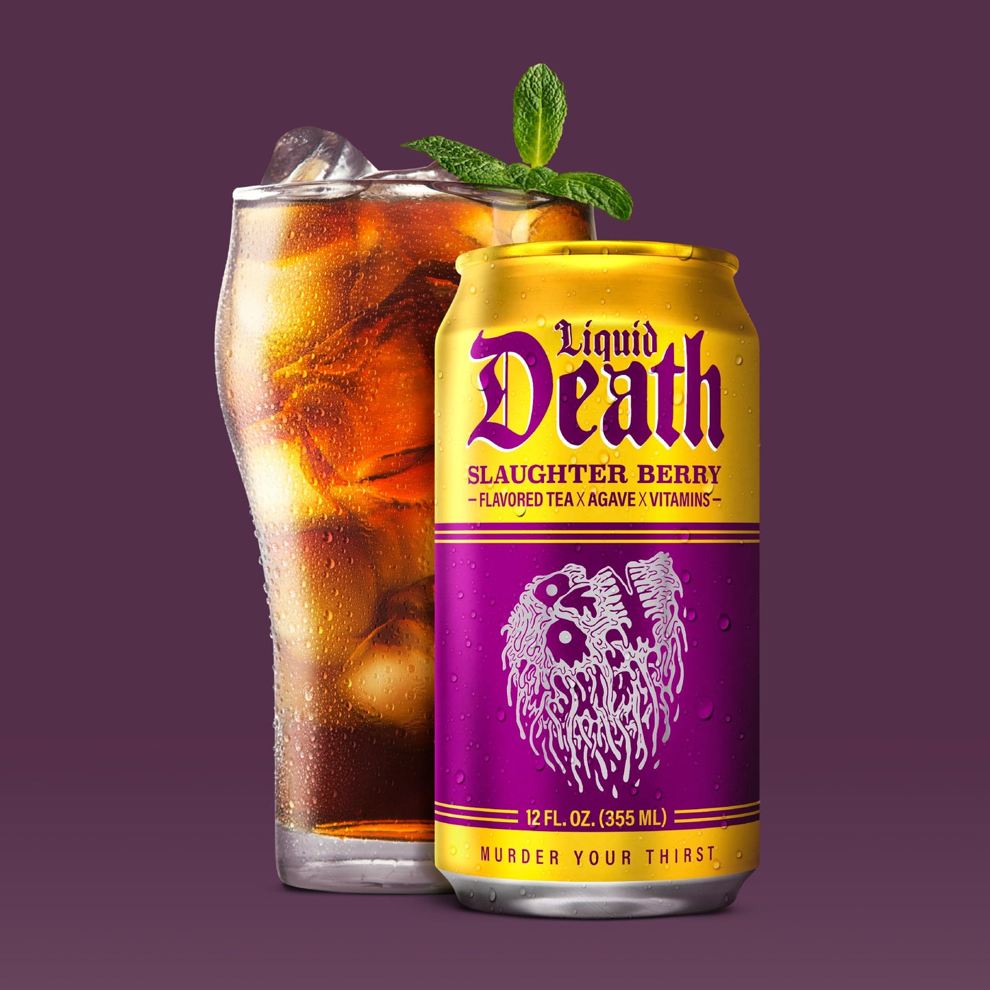 Liquid Death, Slaughter Berry Flavored Iced Tea, 12-Pack (12 Oz Cans), Raspberry Flavored Black Tea, Low Calorie, No Artificial