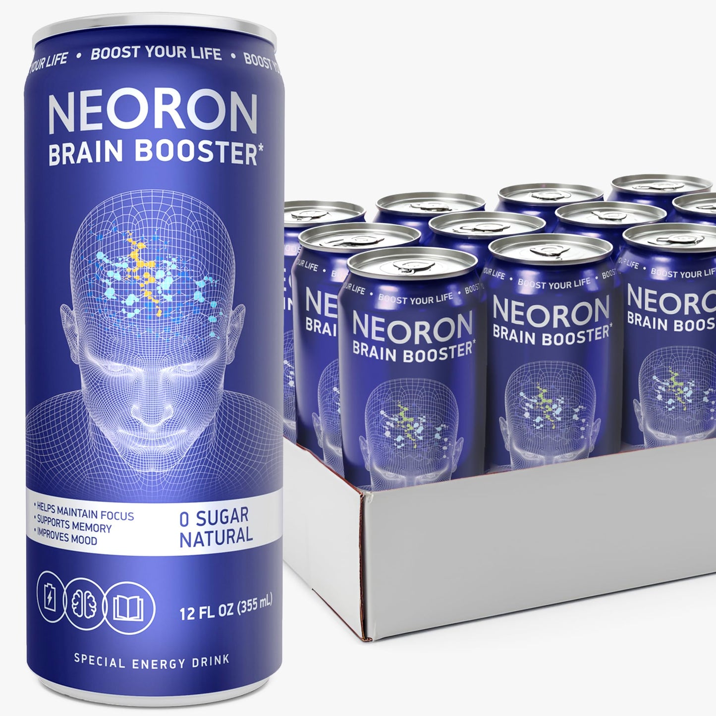 Neoron Nootropic Drink For Focus Memory & Energy - Brain Booster With Bacopa Monnieri Guarana L-Theanine B12 - Cognitive Vitality Support No Sugar (Pack Of 12 Blueberry & Mint)