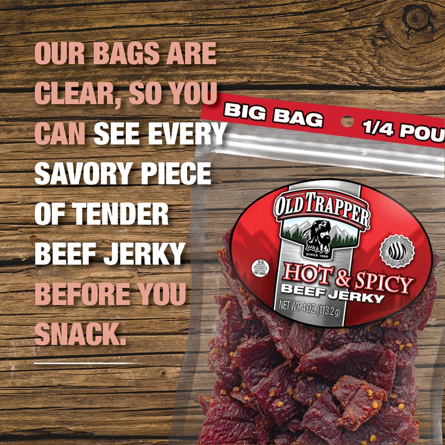 Old Trapper Beef Jerky, Hot & Spicy 1/4-Pound Individual Package, Savory And Spicy Meat Snacks For Lunches Or Between Meals, 11