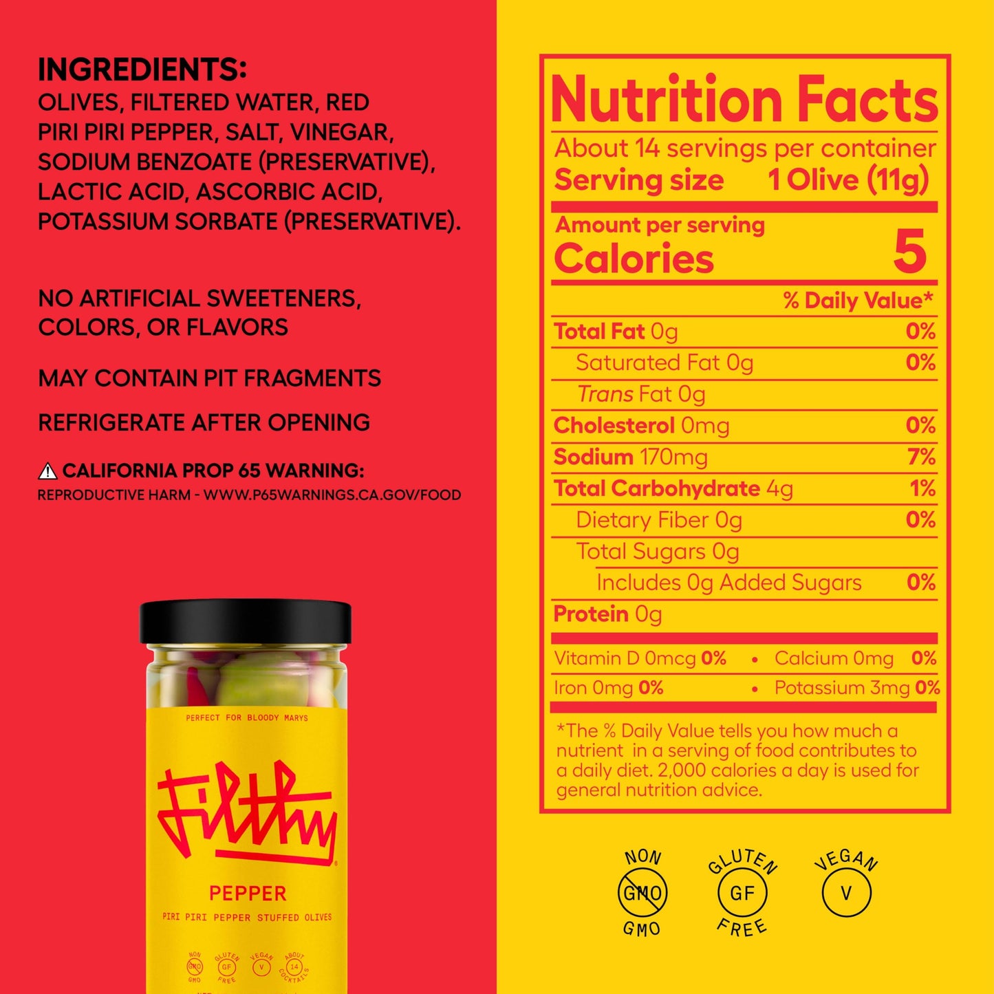 Filthy Food Piri Piri Pepper Stuffed Olives, Non-GMO, Gluten Free, Vegan, 8.5 Oz Jar