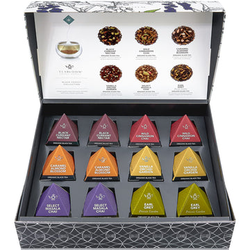 Teabloom Organic Black Forest Pyramid Tea Presentation Box, 12 Assorted Black Tea Blends, Usda Certified Organic Whole-Leaf Pyramid Tea Sachets