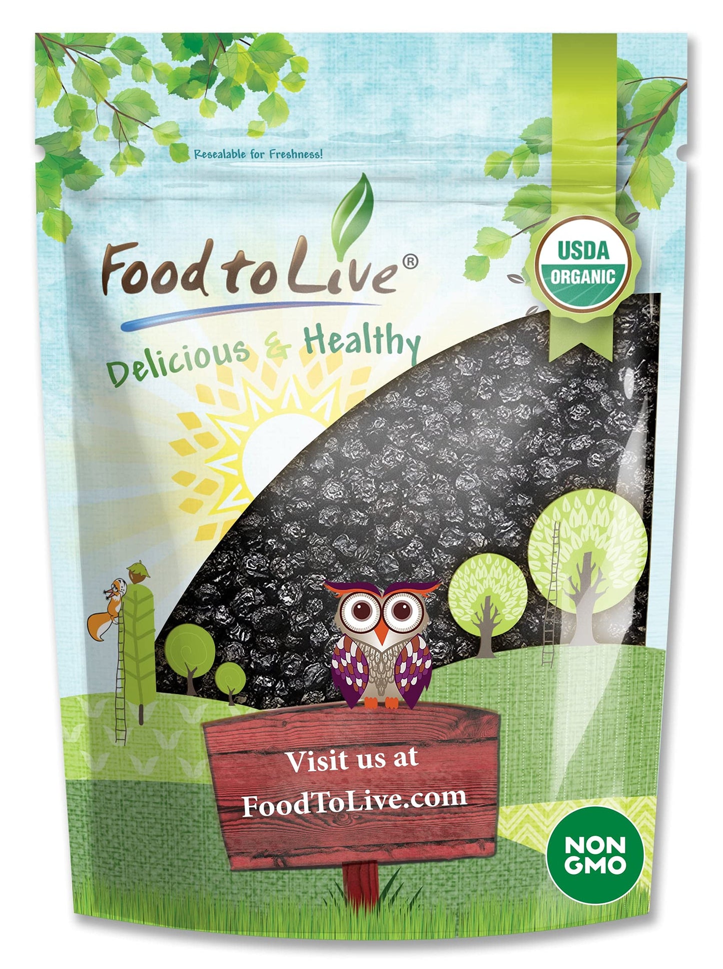 Food to Live Organic Dried Blueberries, 8 Ounces Non-GMO, Whole Berries, Lightly Sweetened, Coated with Sunflower Oil, Kosher, V