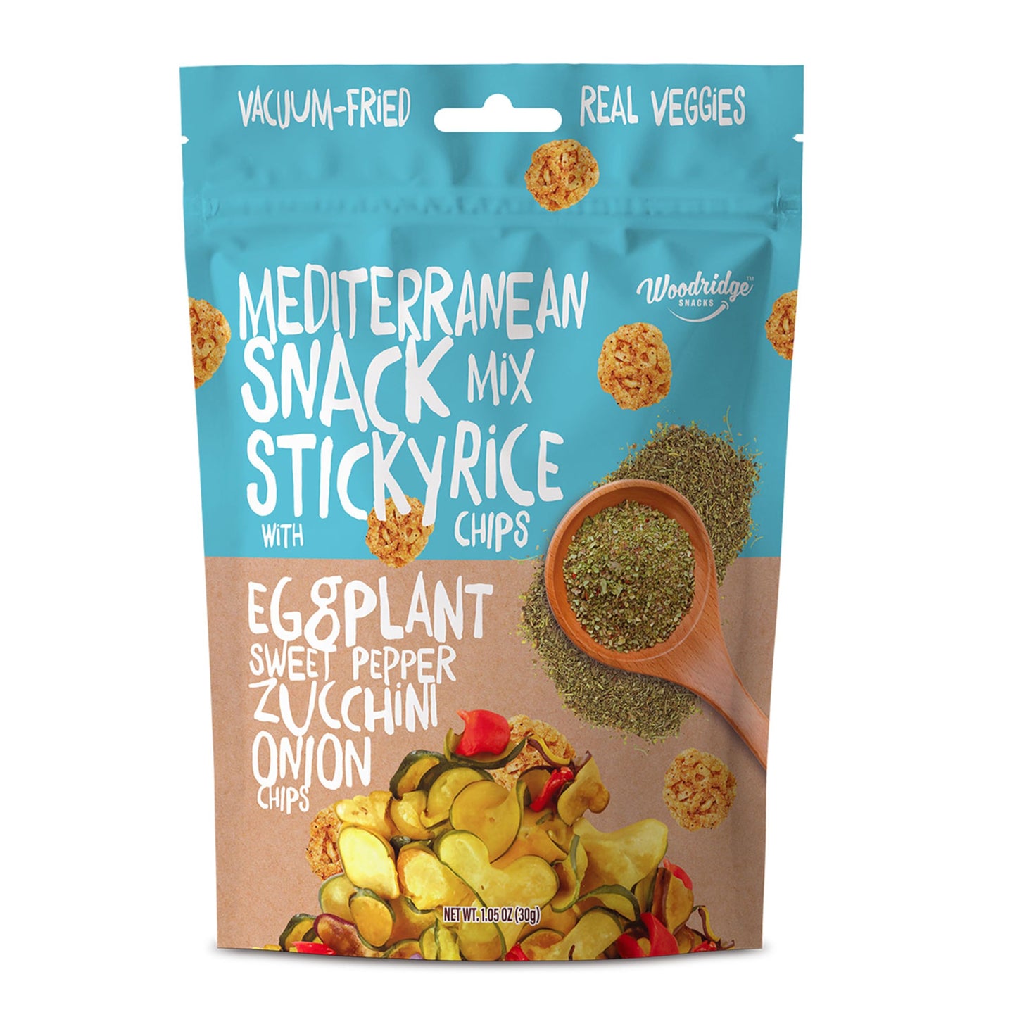 Woodridge Snacks | Vacuum Fried Veggies with Sticky Rice Chips | Mediterranean Mix | 12 Pack | 1.06 OZ (30g) Bags