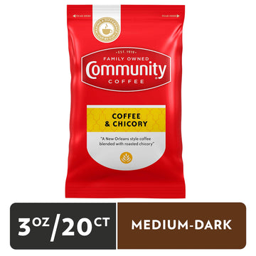 Community Coffee & Chicory, Medium Dark Roast Pre-Measured Coffee Packs, 3.0 Ounce Bag (Box Of 20)