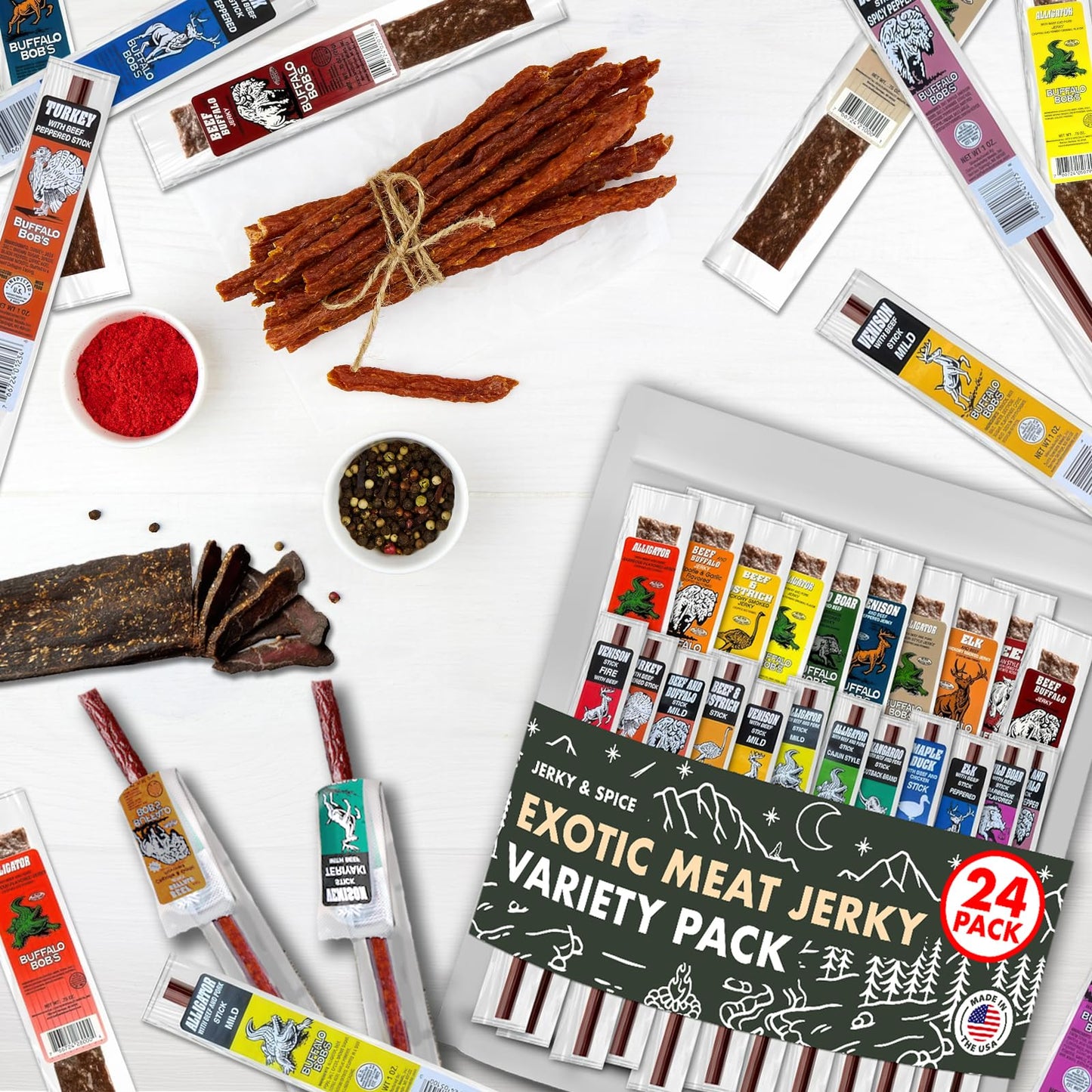 Jerky-n-Spice Buffalo Bobs Wild Game Meat Snacks, Beef Jerky Assortment, 24 Pack, 0.88 Ounce Strips & Sticks, Exotic Gift Baskets