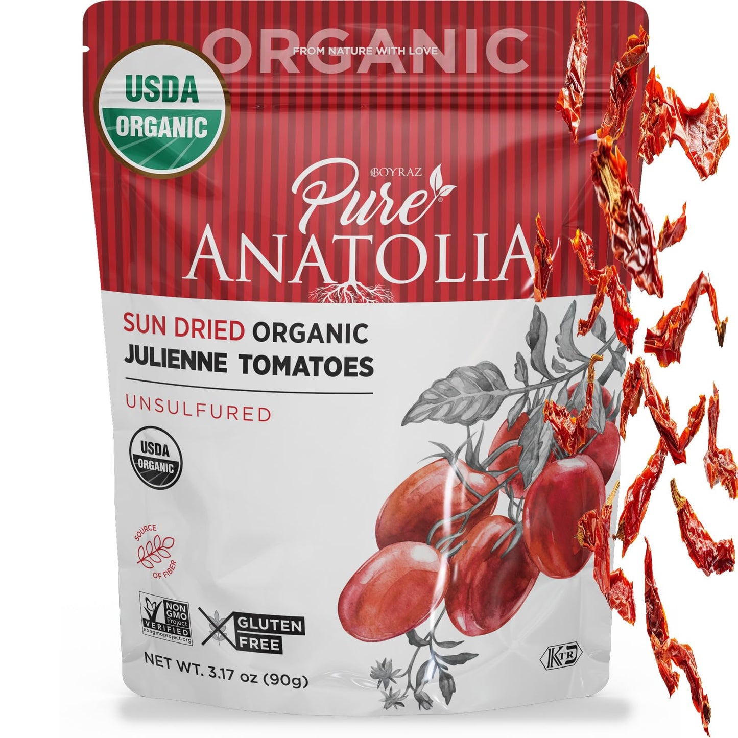 Boyraz Pure Anatolia Organic Sun Dried Tomatoes Julienne Cut, No Sugar Added, USDA Certified, Kosher & Halal, Pack of 6