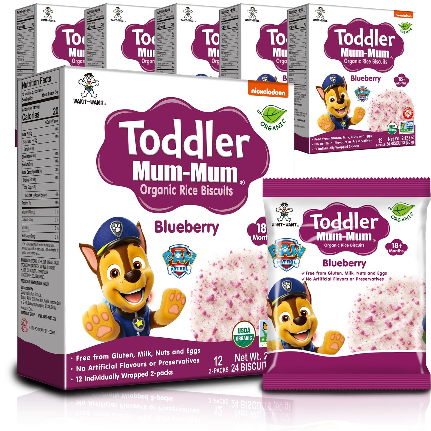 Toddler Mum-Mum Organic Rice Biscuits, Blueberry Paw Patrol | 24 Count (Pack of 6) | Gluten Free, Allergen Free, Non-GMO | Toddl