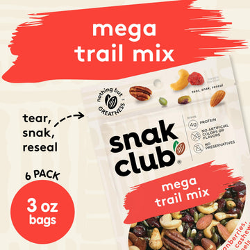 Snak Club Mega Trail Mix, Gluten-Free Snack with Cranberries, Almonds, Pumpkin Seeds, 3 oz Resealable Bags, 6 Pack