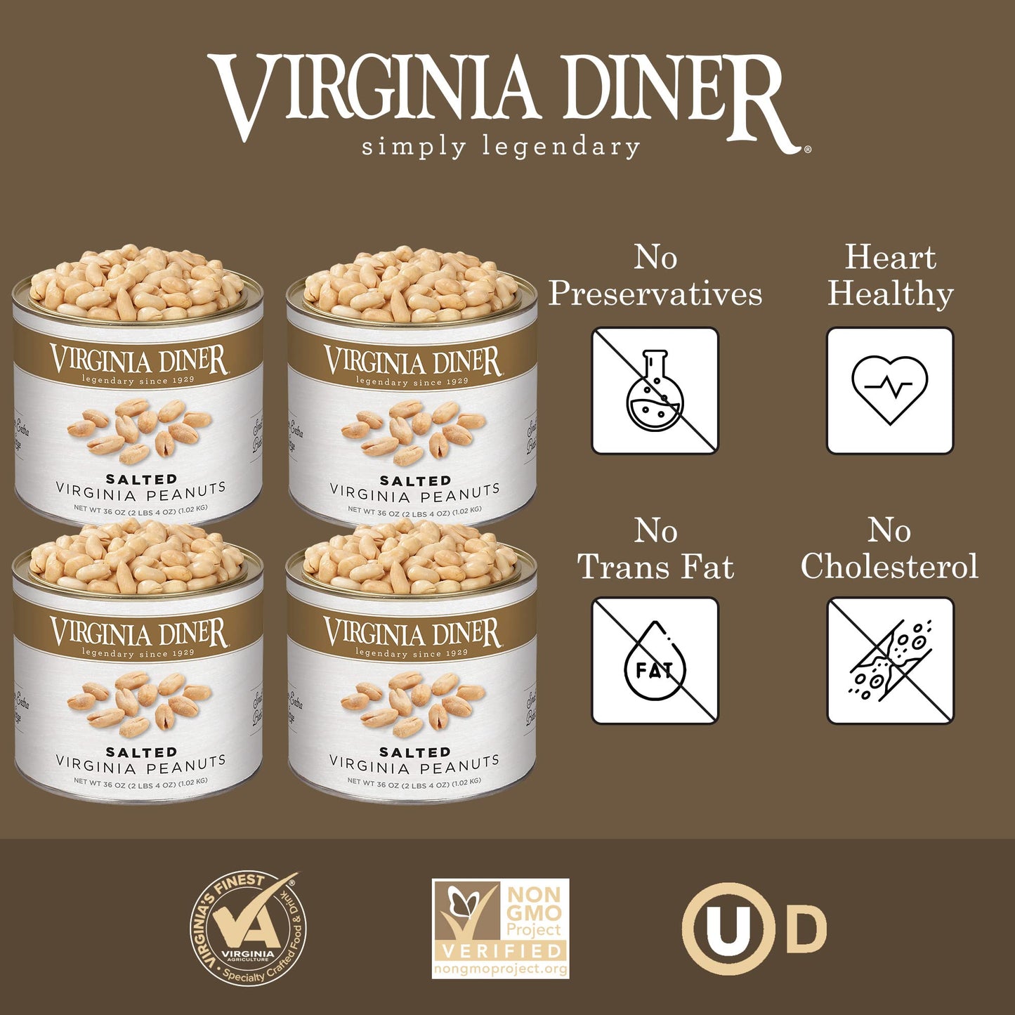 Virginia Diner Gourmet Extra Large Virginia Peanuts Blister Roasted Nuts All Natural Healthy Snack Gift 36Oz (4 Pack) Salted