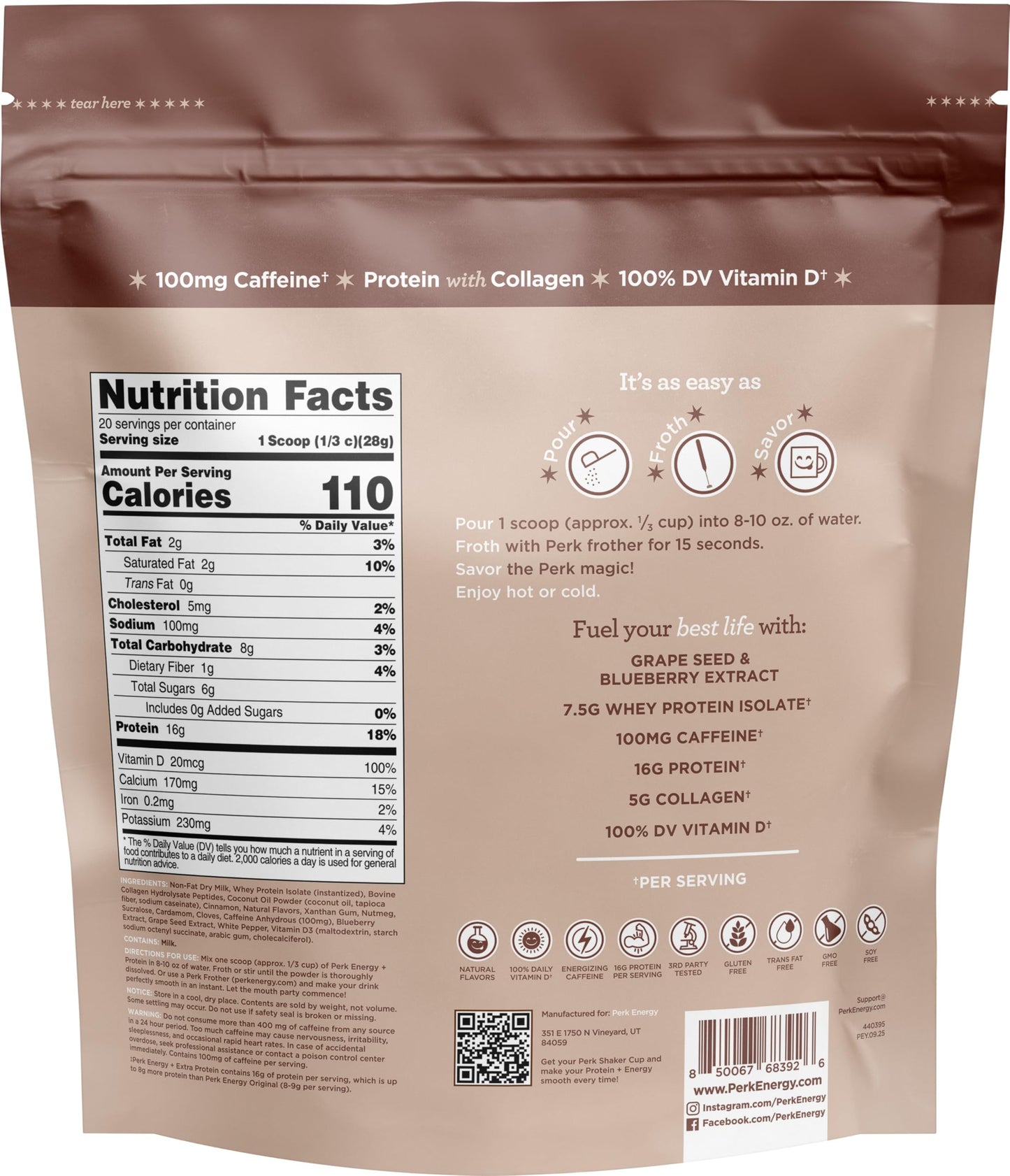 Perk Energy + Extra Protein Powder (1.3 LB) Chai Latte - Witney Carson Collaboration - 100mg of Caffeine 16g of Protein with Collagen 100% DV Vitamin D Gluten-Free Soy-Free GMO-Free 20 Servings
