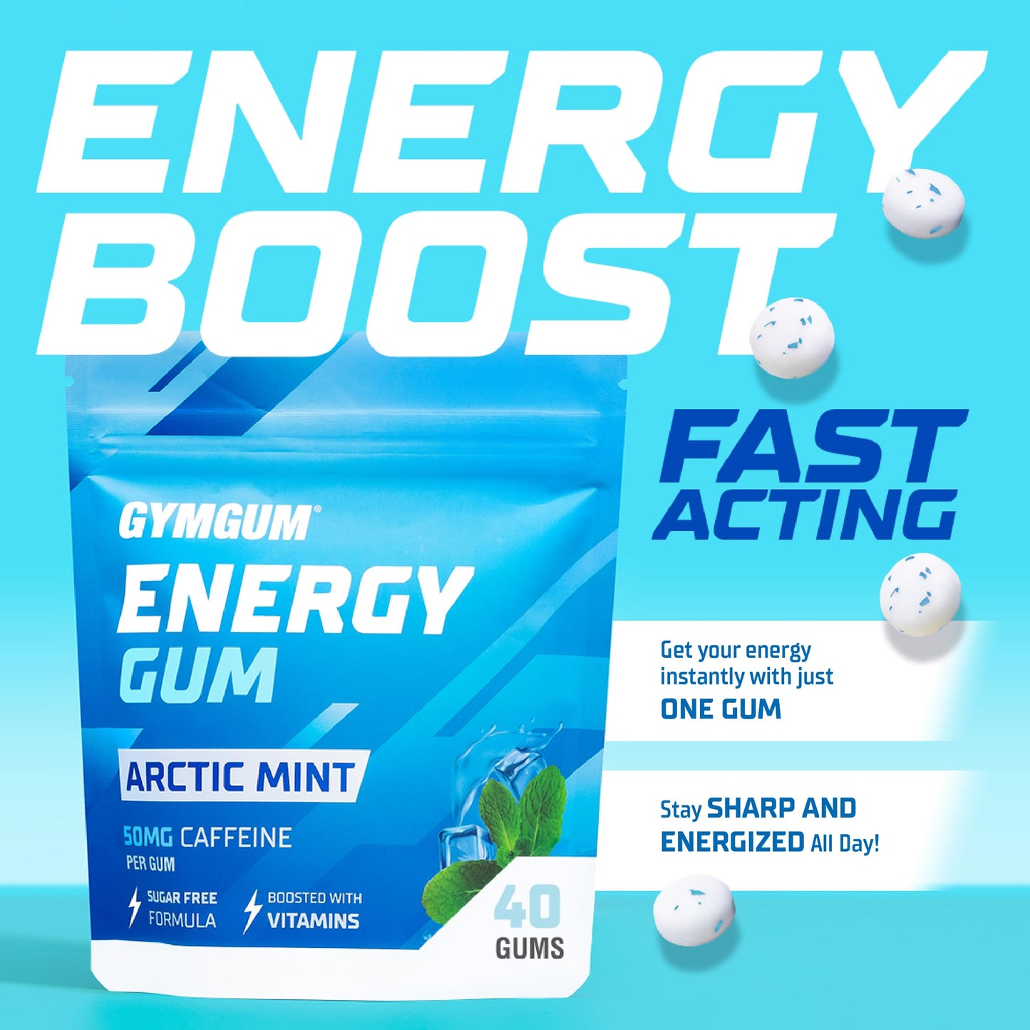 GYMGUM Energy Caffeine Gum | Sugar-Free, Keto-Friendly | 50mg Caffeine | 120 Count | Arctic Mint