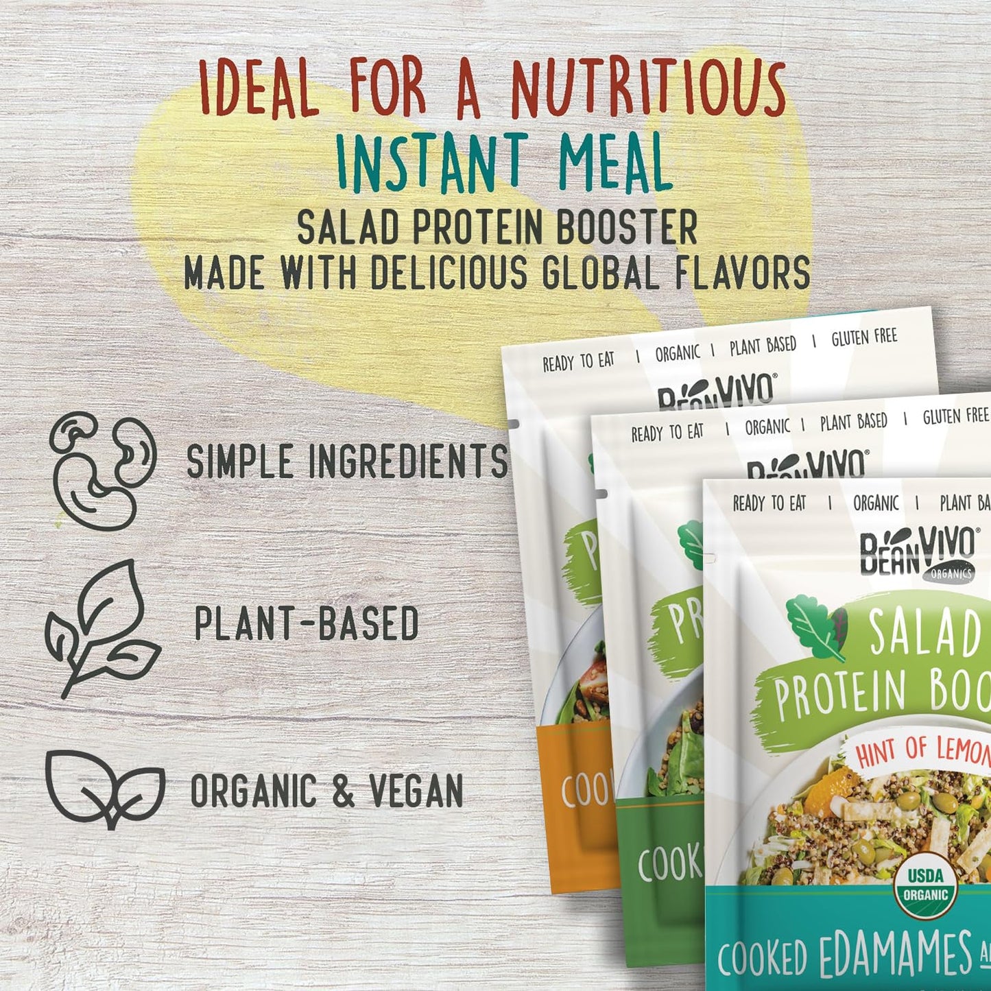 Beanvivo - Variety 3 Pack Salad Protein Boosters - Seasoned, Garlic & Herbs, Edamame - Delivering A Burst Of Taste And 10G Of Pr