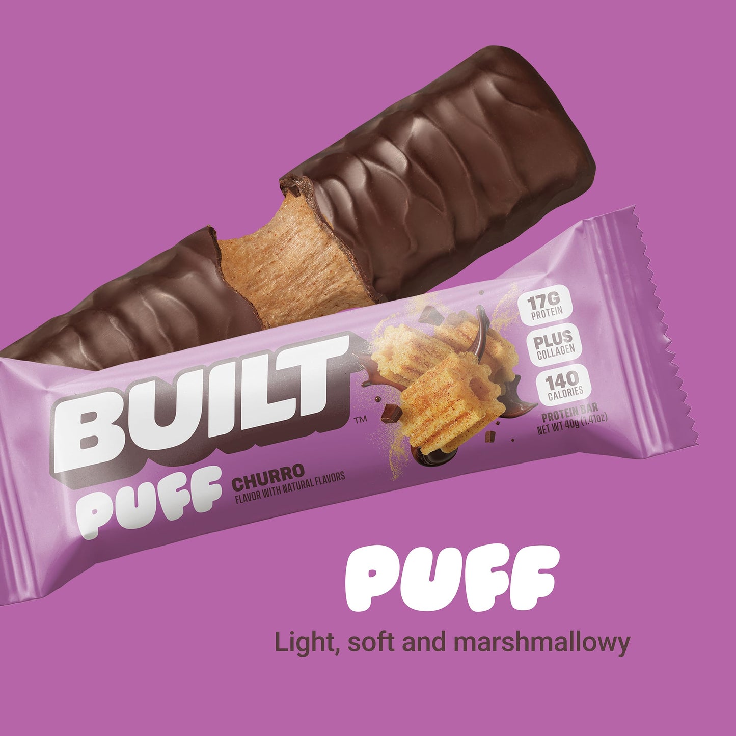 Built Bar, Puff Protein Bars, Churro Puff, 17G Protein Snacks, On-The-Go Bars, Only 140 Calories & 6G Sugar, Collagen, Gluten Fr