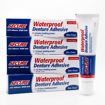 Secure Waterproof Denture Adhesive - Zinc Free - Extra Strong Hold For Upper, Lower Or Partials - 1.4 Oz (Pack Of 4)