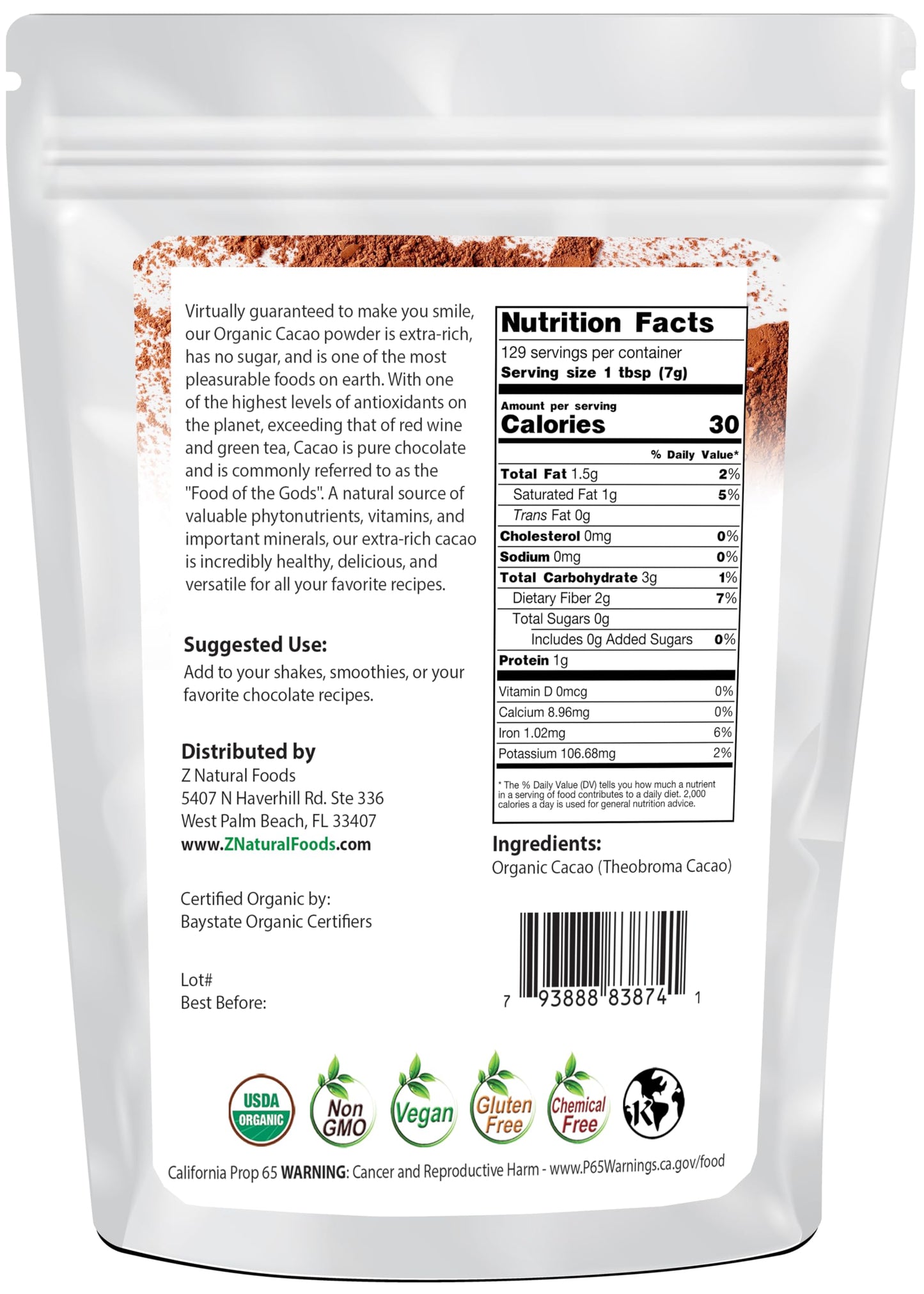 Z Natural Foods Organic Cacao Powder, Non-GMO, Vegan, Gluten-Free, 2 lbs