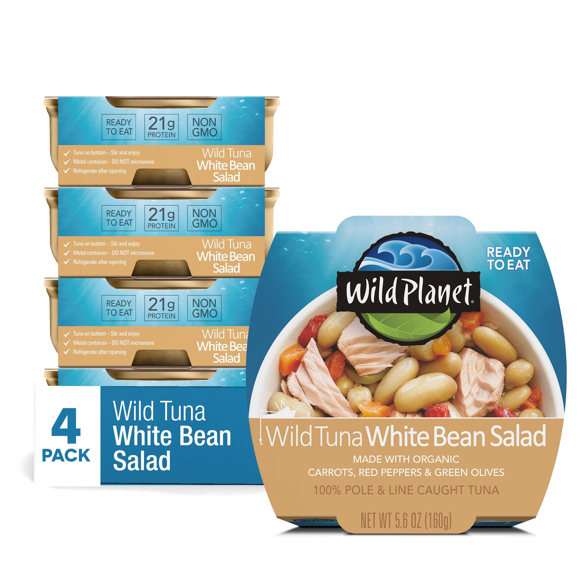 Wild Planet Ready-To-Eat Wild Tuna White Bean Salad With Organic Chickpeas, Carrots, Red Peppers & Green Olives 5.6oz, Pack Of 4