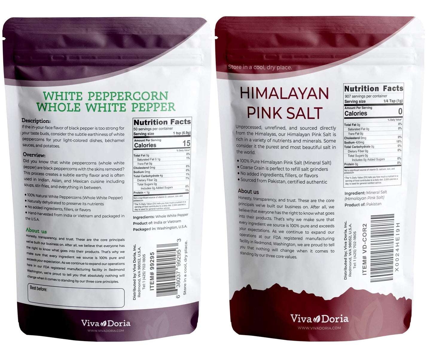 Viva Doria White Peppercorns, Whole White Pepper, 12 Oz And Himalayan Pink Salt, Coarse Grain, 2 Lb For Grinder Refills