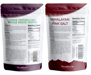 Viva Doria White Peppercorns, Whole White Pepper, 12 Oz And Himalayan Pink Salt, Coarse Grain, 2 Lb For Grinder Refills